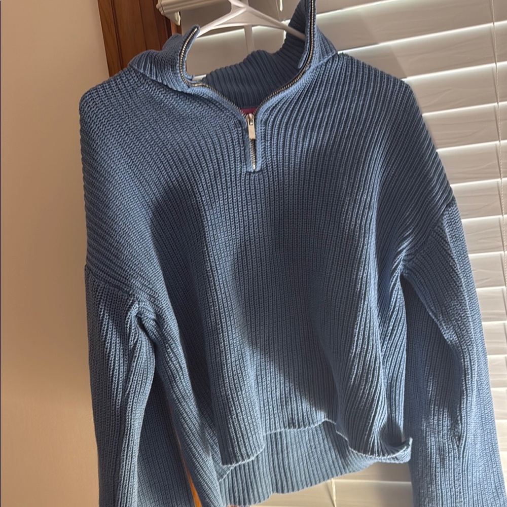 Blue Ribbed Half-Zip Sweater